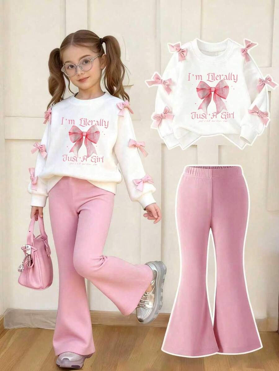 Young Girls Simple Fashionable Pink Bow Letter Print White Top And Pink Pants Sports Set Autumn/Winter - Pink - View 1