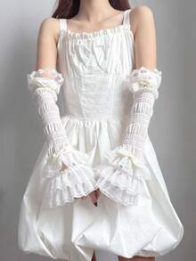 1 Pair Girls Lace Trim Patchwork Arm Sleeves, Ballet Style White & Black Sleeve Covers, Sweet Cute Lolita Bowknot Arm Warmers - Multicolor - View 7