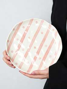 2pcs/1pc Hand Painted Striped & Polka Dot Ceramic Plates Set, Asymmetrical Wavy Rim Dinner Plates, Green Stripe Pink Dot Salad Dessert Serving Dishes, Microwave & Dishwasher , Tableware For Home Kitchen - Multicolor - View 11