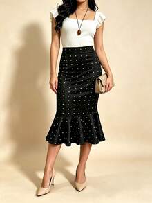 Women's Office/Commute Polka Dot Mermaid Pencil Skirt, High Waist Knee-Length Bodycon Skirt, Suitable For All Seasons Vacation - Black - View 3