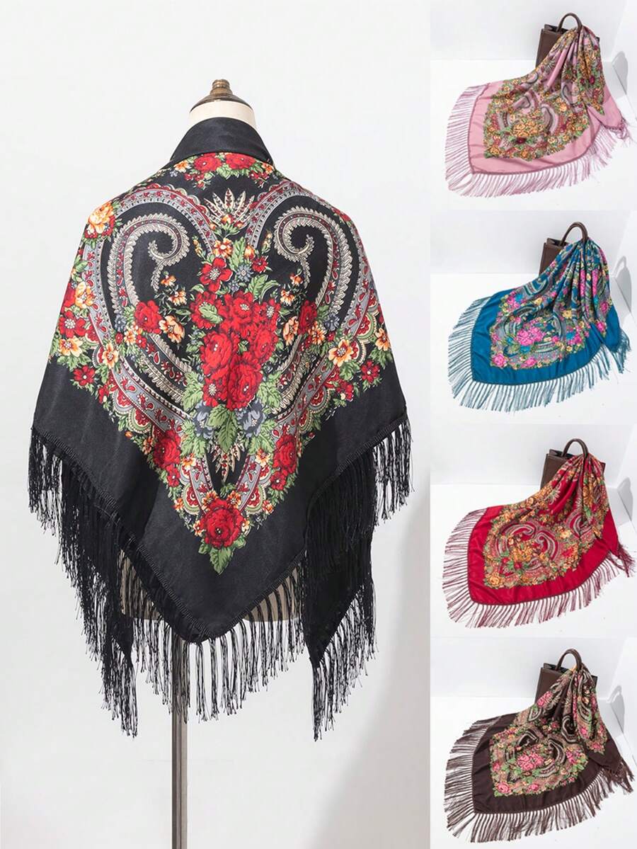 1pc New Women's Vintage Floral Print Shawl Scarf With Tassels, Woven Fabric - Multicolor - View 1