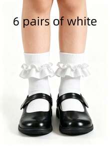 6/1 Pair Girls Ribbon Lace Ruffle Mid-Calf Socks, Soft Comfortable Princess Style, Suitable For School Uniform Daily Wear, Navy Blue White Black, Autumn/Winter - Multicolor - View 9
