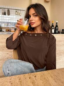 Women's Spring/Autumn Elegant Casual Daily Vacation Travel Country Music Concert Asymmetric/Irregular Off-Shoulder Solid Color Knit Long Sleeve T-Shirt - Rust Brown - View 5