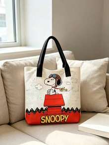 Snoopy 粉色卡通印花帆布托特包，大容量單肩手提包，可愛學生書包，休閒通勤購物包，適合女性與青少年女孩 - C - 查看 8