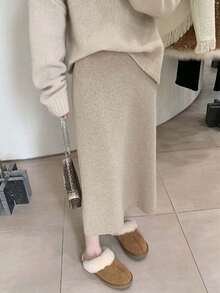 女款柔軟羊毛針織中長版鉛筆裙，秋冬高腰貼身顯身材裙 - 燕麥色 - 查看 7