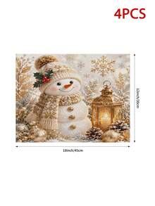 Christmas Table Runner, Throw Pillow, Placemat, Vintage Gold Tone Snowman Lantern Pine Cone Snowflake Holly Print, Kitchen Dining Room Holiday Tabletop Decor - Multicolor - View 16