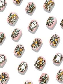24pcs Cute Square Halloween Nail Stickers, Multi-Color Short Ghost And Flower Theme Nail Art Stickers, Designed For Halloween Nails - Black - View 2