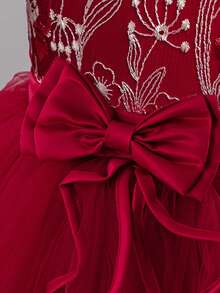 Girls' Embroidered Long Puff Princess Dress, Girls' Dress For Wedding, Birthday, Evening Party, Holiday Gathering, Piano Performance, Formal Occasion - Red - View 7