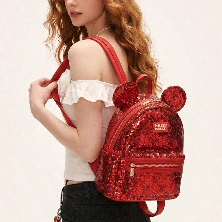 Mesuca Outdoor Lightweight Daily Storage Backpack, Disney Mickey Cartoon Character Style, Black/Red Optional, Sequin Design, Officially Licensed, Large Capacity Compartments, Adjustable Shoulder Straps, Gift Box Packaging, Casual Travel Portable Bag, 1pc - View 1