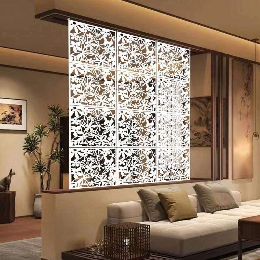 SHIOUCY 12-Panel Hanging Foldable Room Divider, White PP Hollow-Carved Privacy Screen For Space Partition & Home Decor - White - View 1