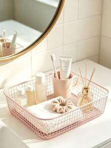 1pc Wire Mesh Storage Basket, Minimalist Style Metal Rectangular Shape, Open Hollow‑Out Frame Detail, Breathable Large Capacity Desktop Organizer Tray, For Office Desk Bedroom Vanity Daily All‑Season Use - Multicolor - View 4