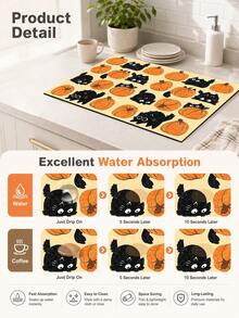 1pc Cat & Pumpkin Pattern Diatom Mud Kitchen Dish Drying Mat, Halloween, Can Be Used As Halloween Gift, Halloween Decoration, Absorbent Dish Drying Mat, Coffee Machine Mat, Dishwashing Mat, Sink Mat, Kitchen Countertop Protector, Suitable For Cups, Plates, Tableware And Kitchen Decor - Multicolor - View 7