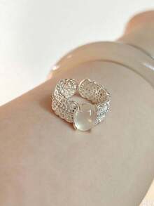 1pc Vintage Minimalist Natural Translucent White Agate Faux Chalcedony Ring, Unique Double-Layer Design, High-End Index Finger Ring, Elegant Versatile Couple Jewelry - Silver - View 5