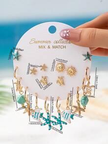 18 Pcs Mix & Match Sea Turtle Starfish Dangle Earrings Set For Women - Gold Plated Starfish Turtle Sunburst Stud Earring For Daily Wear - Gold-plated Starfish Stud Earrings - View 2