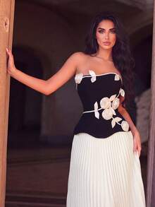 Elegant Strapless 3D Floral Applique Contrast Pleated Evening Gown, Bridal Photography, Formal Dinners, Garden Parties Black Wedding Party, Fall - Black - View 3