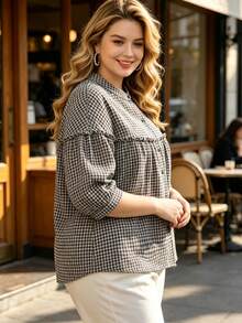 Plus Size Women's Plaid Ruffle Trim Short Sleeve Blouse, Loose Casual Fit - Black - View 2