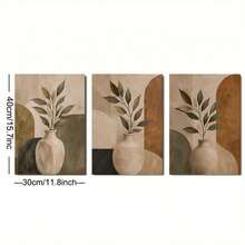 3Pcs Unframed Boho Botanical Art Print Set, Neutral Earth Tone Vase Leaf Canvas Posters, Abstract Geometric Shape Wall Ornament, Modern Minimalist Decor For Living Room Bedroom - A - View 11