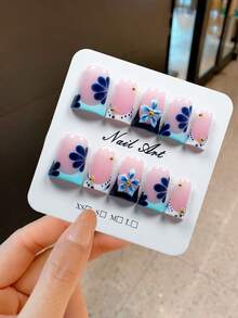 YINZIJIA 10 Pieces, Pure Handmade, French Flower Carving Gradually Colored, Slight Difference=Unique Handmade Short Duck Bill Shape Pure Handmade Nail Plate Set, Suitable For Daily Festival Wear, Including 1 Nail File And 1 Piece Of Gel Glue - Multicolor - View 1
