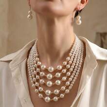 2pcs/Set European And American Cross-Border Fashion Multi-Layer Faux Pearl Elegant Women's Necklace And Earrings Jewelry Set - Multicolor - View 1