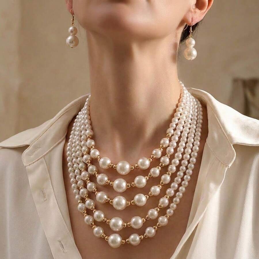 2pcs/Set European And American Cross-Border Fashion Multi-Layer Faux Pearl Elegant Women's Necklace And Earrings Jewelry Set - Multicolor - View 1