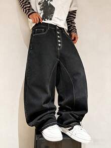 Modcrash Men's Japanese Street Style Balloon Jeans, Button-Up Curved Leg Loose Fit Wide Leg Denim Pants, Casual Versatile Long Trousers - Black - View 3