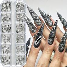 12pcs Punk Y2K Nail Piercing Decor Set 3D Metal Silver Mixed Style C-Ring Star Safety Pin Spike Barbell Rivet DIY Gothic Cool Nail Art Decoration For Women - Multicolor - View 10
