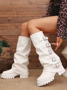 Women's Loose Ruched Stacked Boots With Multiple Buckle Design, Thick Sole Height-Increasing Riding Boots, White Retro Tall Boots - White - View 6