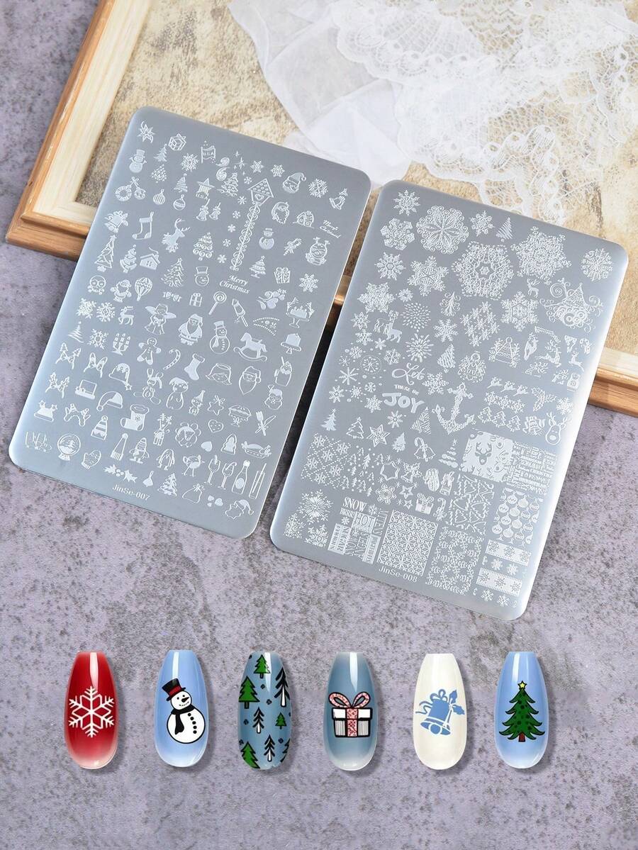 2件組聖誕雪花與聖誕老人圖案不鏽鋼美甲印花鋼板，DIY美甲轉印模板工具 - 銀色 - 查看 1