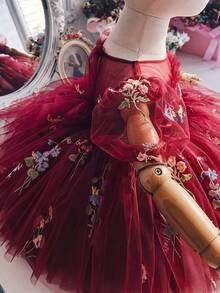 女嬰刺繡花瓣袖鏤空背網紗公主裙，適合女孩生日派對、花童婚禮、重要場合、節日慶祝禮服 - 酒紅色 - 查看 2