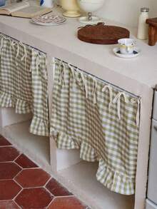 Plaid Oven Curtain, Lace Tie Top And Ruffle Hem, Short Kitchen Tier Curtain, Oil-Resistant Decorative Cover, Suitable For Stove, Oven, Open Cabinet And Small Window, Farmhouse Style Home Decor - Mint Green - View 7