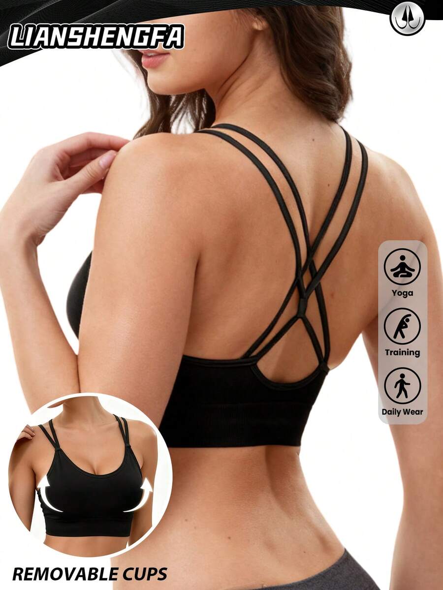 LianShengFa 1pc Backless Crisscross Strap High Elastic Wirefree Everyday Bra, Medium Impact Sports Seamless Racerback Yoga Bra, Breathable & Comfortable - Black - View 1