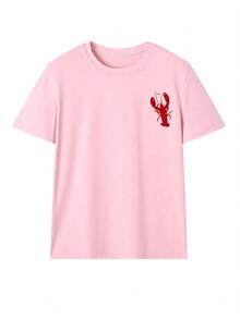 Striped Lobster Graphic T-Shirt, Women's Casual Round Neck Short Sleeve T-Shirt Summer - Baby Pink - View 4