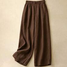 100% Cotton Women Wide Leg Pants Elastic Waist Chinese Frog Button Casual Loose Trousers Brown - Coffee Brown - View 4