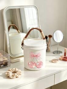 Cute Bowknot Cherry Print Swing Lid Car Trash Can, , Detachable Hanging Rope,Multifunctional Desktop Sundry Storage Bucket, Makeup Brush Holder, Car Interior Decor, Back To School Holiday Gift - A - View 9