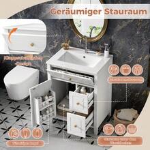 61 Cm Freestanding Vanity Unit In White With Ceramic Basin, Gold Handles, Flip-Out Drawer, Drawers, Side Shelf And Storage Under The Sink, Without Tap - 白色 - 查看 6