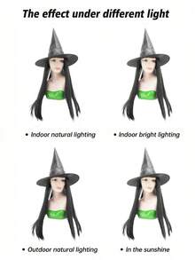 Black Long Straight Synthetic Wig With Attached Witch Hat, Classic Wizard Hairstyle For Halloween Cosplay Party Fancy Dress - Black - View 9