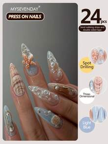 24pieces Press On Nails, Short Almond Ocean-Style False Nails With 3D Pearl Starfish Shell Pattern, Press-On Nails, Nail Supplies, Manicure Kit With Jelly Glue And Nail File For Daily Wear - Multicolor - View 1