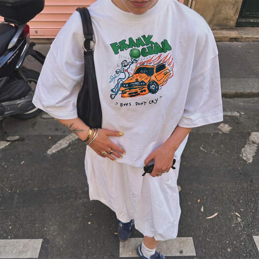 Unisex Oversized White Short-Sleeve Summer Graphic T-Shirt Ocean Boys Dont Cry Auto Flames Streetwear Urban Casual