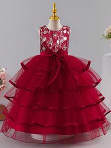 Girls' Embroidered Long Puff Princess Dress, Girls' Dress For Wedding, Birthday, Evening Party, Holiday Gathering, Piano Performance, Formal Occasion - Red - View 3
