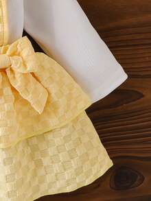 Baby Girl Gentle Princess 3-Piece Outfit Set: Ruffle Flutter Sleeve Ribbed Long Sleeve Inner Top + Double-Sided 3D Big Bow Decor Plaid Double Layer Cake Bustier Strap Dress + Matching Same Color Bow Hair Accessory Set - Yellow - View 10