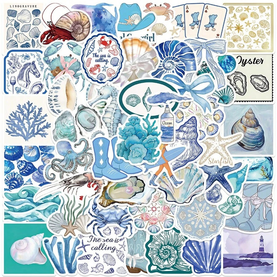 50pcs Ocean Aesthetic Stickers, Marine Life Doodle Labels, Beach Vacation Stickers, Blue Aesthetic Decor, Waterproof Vinyl Stickers For Water Bottles, Computers, Laptops, Phones, Luggage, Notebooks, Refrigerators - Multicolor - View 1
