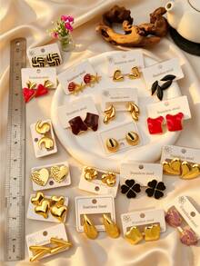 4/8/16/24pcs Color Enamel Gold Stainless Steel Heart Stud Earrings, Statement Earrings For Women, For Women - Multicolor - View 6