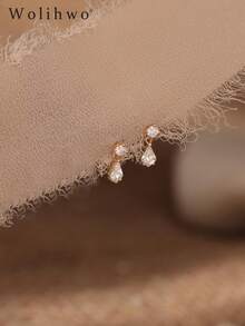 1Pair Dainty Gold‑Tone Round & Kite Cut CZ Drop Earrings, Elegant Sparkling CZ Dangle Earrings, Minimalist Jewelry For Women Daily Dating Wedding Wear - Gold - View 8