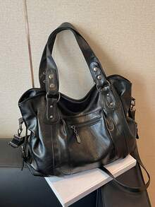 時尚人造皮革大容量手提托特包 通勤單肩斜跨女包，適合外出、購物、旅行 - 黑色 - 查看 13