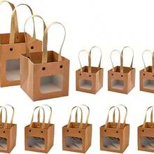 Elegant Kraft Paper Bags With Nylon Handles And Transparent Window, 10 Pieces, 2 Styles, Square Gift And Shopping Bags For Retail, Party, Wedding, Craft Packaging - Multicolor - View 2