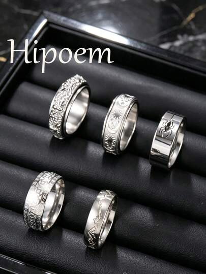 5pcs Fashion Stainless Steel Men's Silver Ring Set With Coin, Spider, Star, Moon Rotating Elements, Suitable For Men's Daily Wear And Halloween Accessories