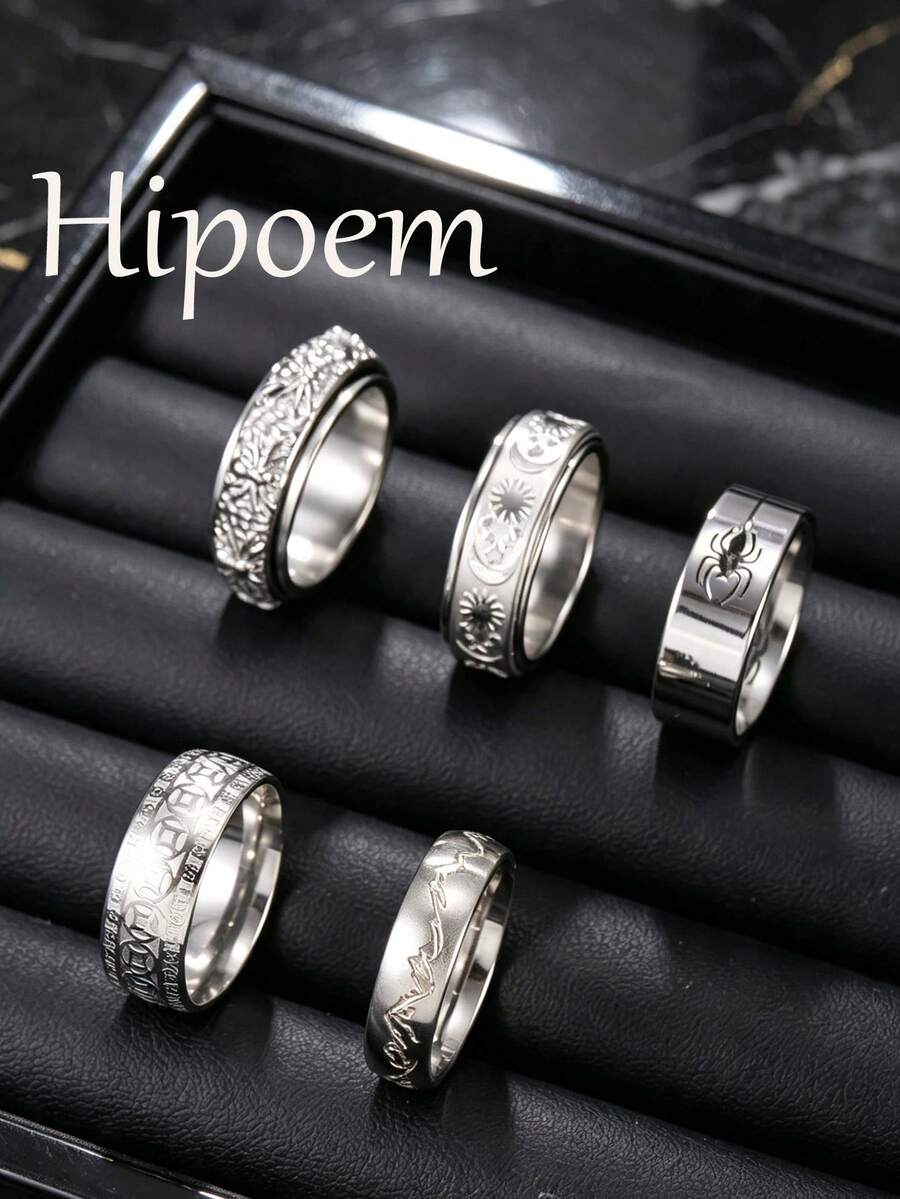 5pcs Fashion Stainless Steel Men's Silver Ring Set With Coin, Spider, Star, Moon Rotating Elements, Suitable For Men's Daily Wear And Halloween Accessories - Silver - View 1
