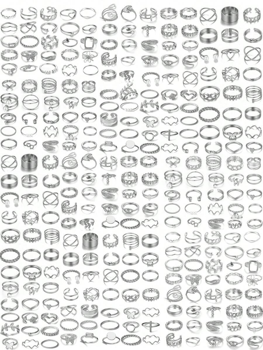 68/66/22pcs Multi-Piece Stackable Fashion Minimalist Elegant Exquisite Vintage Design Geometric Ribbon Flower Leaf Heart Faux Pearl Rhinestone Shiny Star Moon Eye Oil Drop Cross Chain Square Round Butterfly Cross Multi-Layer Wave Twist Smooth Plain Metal Style Rings Set For Holiday Vacation Party Date Gift Daily Commute Wear - Silver - View 1