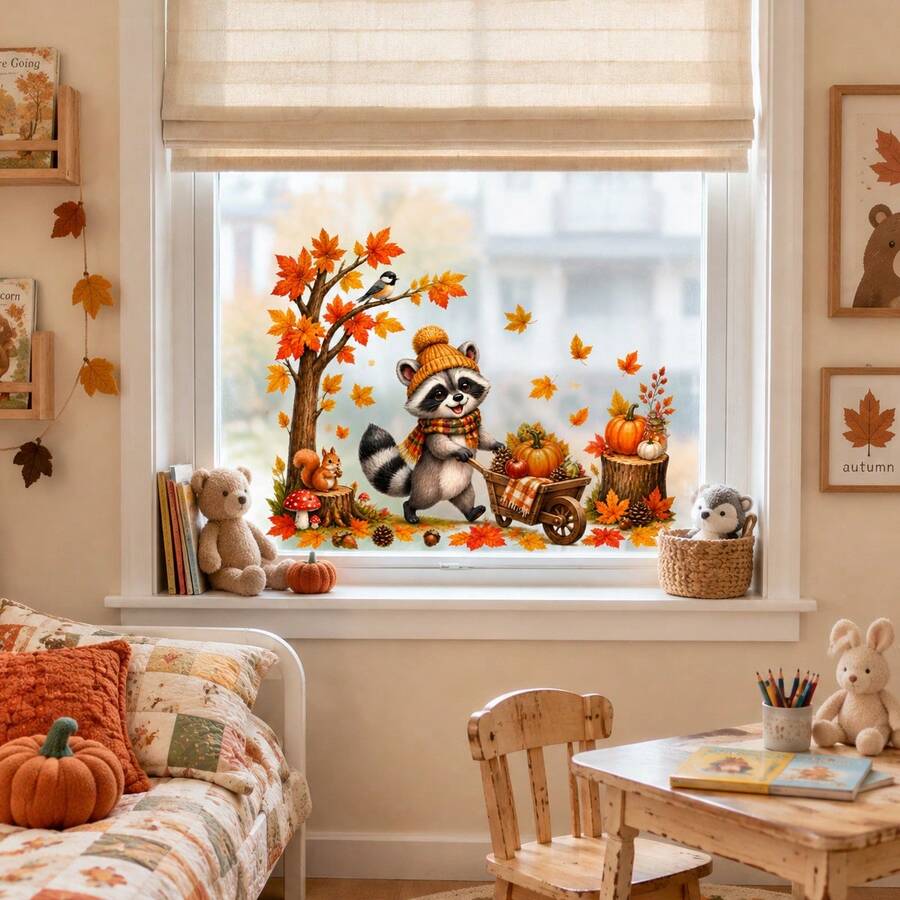 Autumn Window Clings, Cute Raccoon Pumpkin Maple Leaf Window Stickers, Fall Season Static Cling Glass Decals, Thanksgiving Harvest Window Decor For Home - Autumn Window Decals - View 1