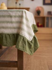 1pc Beige Base Green Fine Stripe & Olive Green Ruffle Edge Tablecloth, Fresh Natural Style Fabric Rectangular Tablecloth With Olive Green Ruffle Edge Patchwork Detail, Decorative & Functional For Daily Home Dining And Fresh Home Decor - Multicolor - View 7